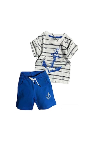 Riccotarz Erkek Bebek Çapa Baskılı Kısa Kol Çizgili Tişört Mavi Şortlu Takım Mavi