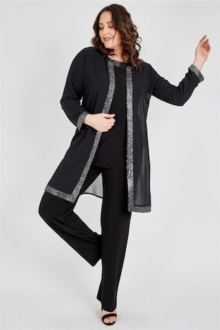 Ladies First Ladıes Fırst Büyük Beden 3552 Siyah Gümüş Ceket+Bluz+Pantolon