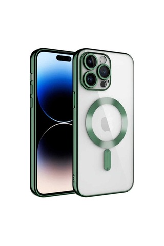 Apple Uyumlu iPhone 14 Pro Kılıf Kamera Korumalı M-safe Wireless Şarj Özellikli Zore Demre Kapak Koyu Yeşil