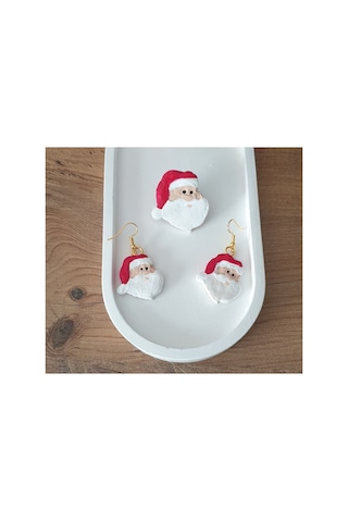3 Parça Yılbaşı Yeniyıl Noel Baba Figürlü Küpe Ve Broş Seti Çok Renkli