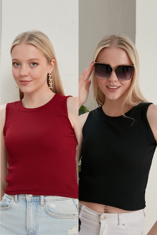 Catspy Kadın Halter Yaka 2'li Crop Bluz Atlet Bordo - Siyah