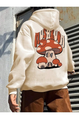 Unisex Mushroom Baskı Kapüşonlu Sweatshirt 001