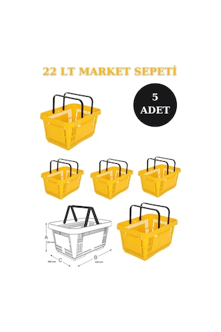 5 adet 22Litre Market ve Alışveriş Sepeti, Saplı Market Sepeti S