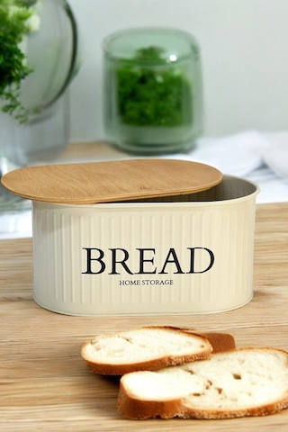 Ahşap Kapaklı Metal Ekmeklik Krem Krem