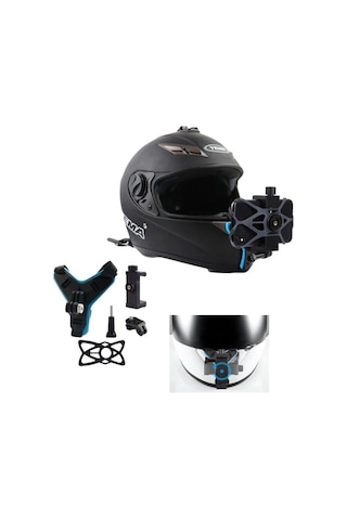 Prepare Kask Alt Çene Bağlantı Aparatı Ve Kayışı Aksiyon Kamera Ve Telefon Tutucu Set Mavi - Siyah