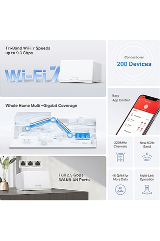 Mercusys Halo H47BE 2-Pack BE9300 3x 2.5 Gbps Portu 550 M²'ye Kadar Kapsama Wi-Fi 7 Mesh Sistemi