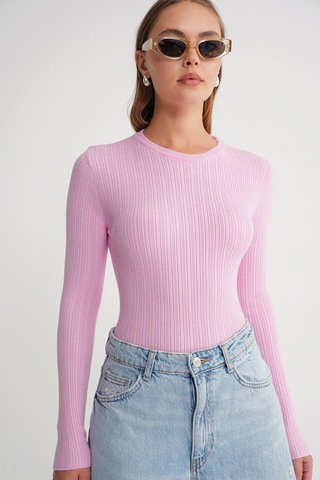 Mixray 6938 Kadın Bisiklet Yaka Fitilli Triko Body Pembe
