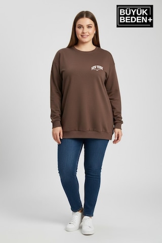 Süperlife Kadın Büyük Beden New York Baskılı Bisilet Yaka İnce Sweatshirt Spr26bswk956-5 Kahverengi