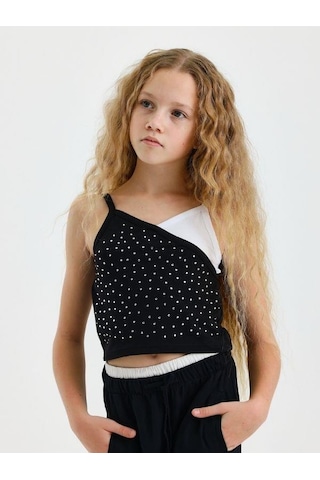 Kız Çocuk Taşlı Askılı Crop Bluz-15567 Siyah