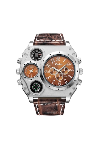 Oulm Erkek Kuvars Pu Deri Kordonlu Kol Saati Kişiselleştirilmiş Büyük Kasa Termometre Pusula Çift Kuvars Hareketli Saatler Çok Renkli
