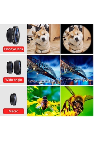 Balık Gözü Lens Fisheye Wide Makro Geniş Açılı Yakın Açılı Telefon Lensi Her Telefona Uyumlu Siyah