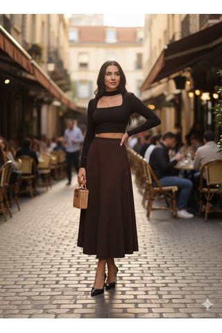 Ozy Fashion Kadın Süet Kloş Etek Koyu Kahverengi