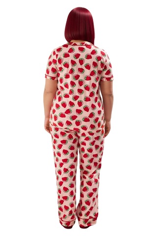 Ersefa Çilek Baskılı Gömlek Yaka Pijama Takımı Kadın Fonksiyonel Dayanık Pembe