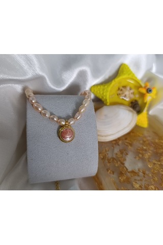 Sedef Dolgulu Somon Altın Kaplama Gerçek İnci Tasarım Kolye El Yapımı Çok Renkli