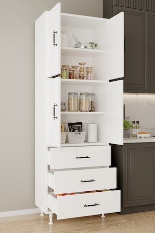 Aeka Ae-3020 Irmak 4 Kapaklı Çok Amaçlı Dolap 3 Çekmeceli Raflı Mutfak Kiler Banyo 195x63x35 Çok Amaçlı Dolap Beyaz