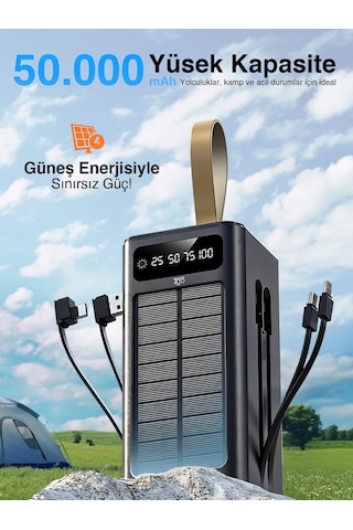 7go Gpw-01 50.000 Mah Solar Powerbank 22.5 W Hızlı Şarj, Dahili Kablolu, Led Ekranlı Taşınabilir Ş Siyah