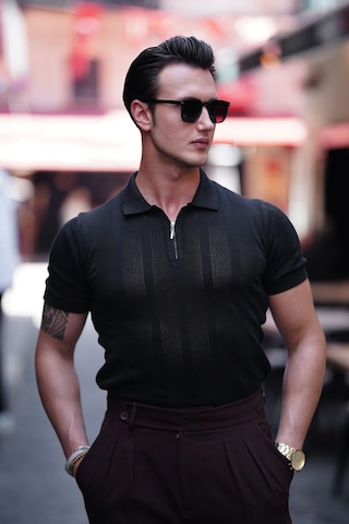 Modefendi Polo Yaka Fermuar Detaylı Örme Tshirt Siyah