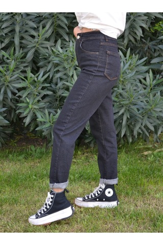 Likralı Denim Kumaş Kar Siyah Mom Jeans Siyah