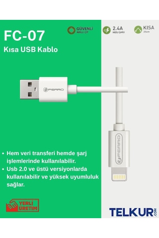Ferro Fc 07 Apple Uyumlu iPhone Modeller İçin Lightning Powerbank Hızlı Şarj Ve Data Kablosu 0 25cm