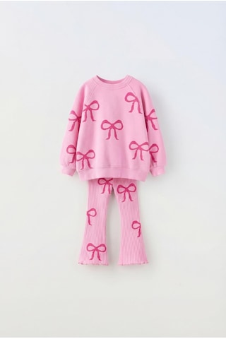 Magu Kız Çocuk Fiyonk Desenli Pembe Sweatshirt Ve İspanyol Paça Tayt Takımı