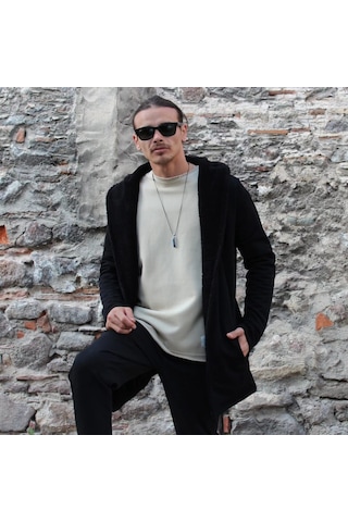 3 İplik Şardonlu Polar İçi Peluş Detaylı Kapşonlu Panço Ceket Siyah