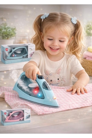 Oyuncak Buharlı Pilli Ütü Kutulu Ses Efektli Işıklı Su Spreyli Gerçekçi Su Eklenebilir 21 Cm Ev Aleti Mavi