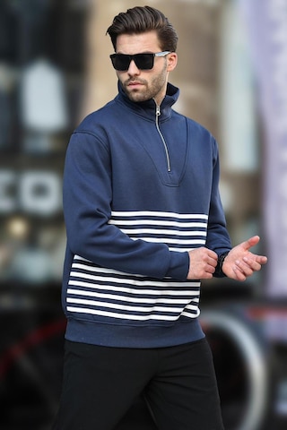Madmext Lacivert Fermuar Yakalı Çizgili Sweatshirt 7056-lacivert Lacivert