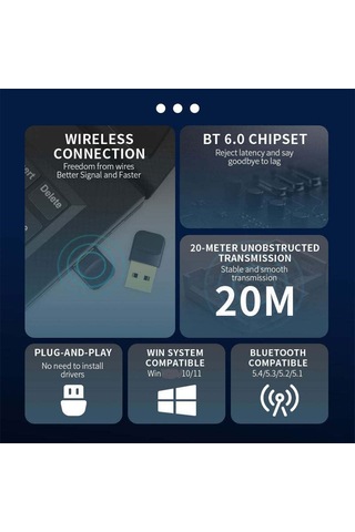 Usb Bluetooth 6.0 Dongle Bluetooth Alıcı Adaptör 20m Mesafeli Engelsiz