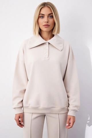 Benerly Kadın Polo Yaka Düşük Kol Örme Sweatshirt Fonksiyonel Dayanıklı K Taş