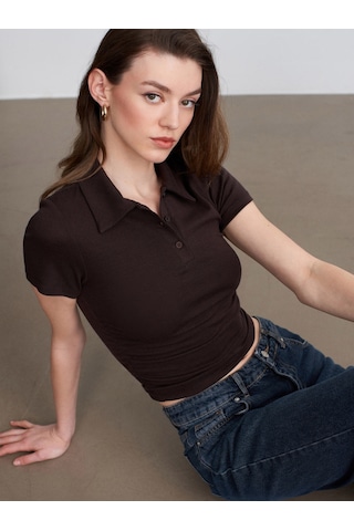 Dilvin 32614 Polo Yaka Top-koyu Kahve Kahverengi
