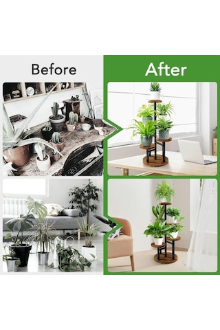 Çiçeklik 5 Raflı Saksılık Dekoratif 5 Raflı Çiçeklik Metal Doğal Ahşap Saksılık Çiçek Rafı Daire Model 1 Adet