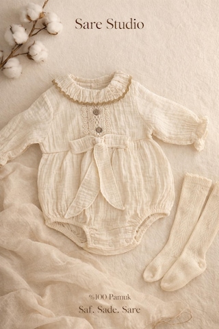 Sare Studıo Kız Bebek Müslin Tulum 4 Kat Müslin %100 Pamuk Özel Tasarım Butik Nakış Yaka Detaylı Çoraplı Set Bej