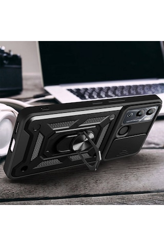 İnfinix Hot 12i Kılıf Magnetik Standlı Kamera Korumalı Zore Sürgülü Vega Kapak Siyah