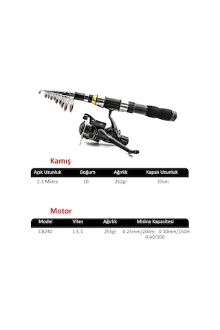 Valkyrie 1. Kalite Tam Takım Balık Olta Seti 2.3m Çantalı Aksesuarlı 10 Boğum Teleskopik Kamış Cb240 Motor
