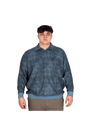 Mode Xl Büyük Beden Erkek Polo Yaka Sweatshirt Baskılı Selanik U24440 Mavi Mavi