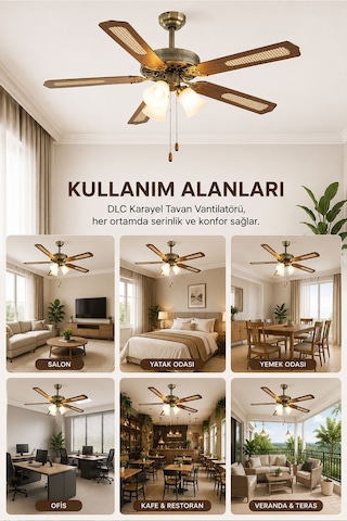 Dlc Karayel 132cm Bakır Motor 3 Lambalı Tavan Vantilatörü Ahşap