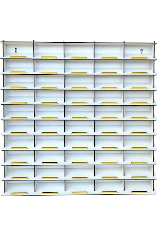 Eğimli 50 Araçlık Beyaz Ahşap Hobi Oyuncak Araba Rafı