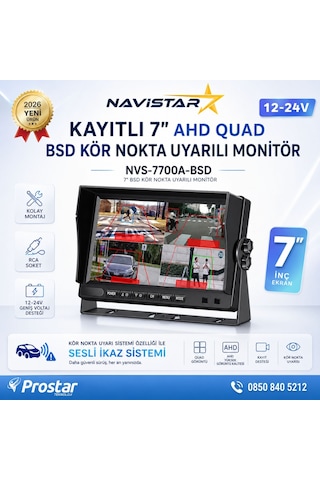 7 İnç Kayıtlı Ahd Quad Araç Monitörü - Sesli Bsd Kör Nokta Uyarılı, 12-24v, Rca Soketli