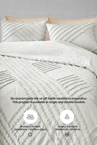 Pamuklu Nora Kabartmalı Yatak Örtüsü Takımı Tek Kişilik Günlük Boho 2 Parça Elyaf Dolgulu Krem