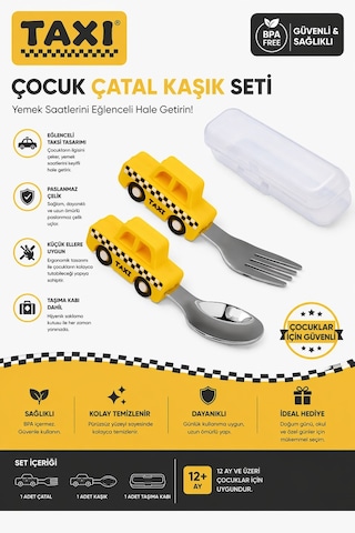 Jojobebek Kaşık Çatal Seti, Ergonomik Kısa Saplı Silikon, Paslanmaz Çelik Uçlu, Saklama Kutulu, (9-24 Ay) (TAKSİ FİGÜRLÜ-SARI)