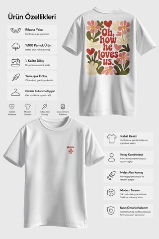 Spoyi Retro Love Tasarımlı %100 Pamuk Yarım Oversize Beyaz T-shirt