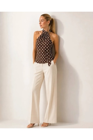 Park Karon Kadın Fular Detay Puantiyeli Kolsuz Slimfit Örme Bluz 26054 Kahve