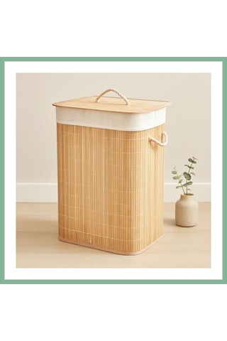 Bşkvirgo Bambu Kirli Çamaşır Sepeti 40x30x60 Cm - Kapaklı İpli Kumaş Torbalı Bsk2026 Diğer