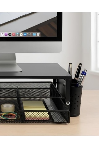Temel Siyah Ahşap Üst Tablalı Metal Mesh Monitör Yükseltici Stand Çekmeceli Kalemlikli Masaüstü Organizer 9214