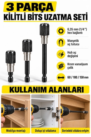 3 Parça Kilitli Manyetik Bits Uç Uzatma Seti 60 / 100 / 150 Mm