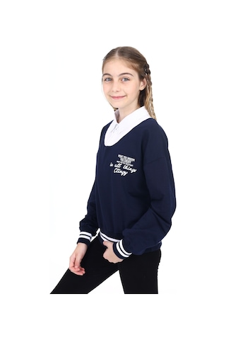 Toontoy Kız Çocuk Relax Fit Polo Yaka Düşük Omuz Baskılı Okul Sweatshirt - Garnili & 2 İplik Lacivert