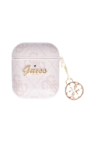Apple Uyumlu AirPods Kılıf Guess Lisanslı 4g Desenli Metal Script Logolu 4g Charm Sağdan Askılı Pu Deri Pembe