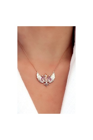 Pembe Zirkon Taşlı 925Ayar Gümüş Rose Melek Kanadı Kolye