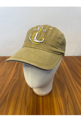 Hamze Çapa Nakışlı Denizci Yıkamalı Vintage Eskitme Unisex Cap Şapka Bej