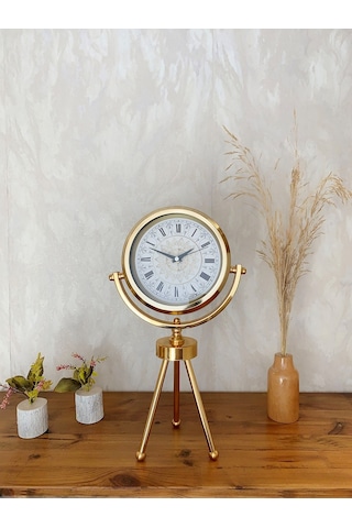 Gold Metal Mini Tripod Çini Desenli Roma Rakamı Masa Saati 45 26 Cm 07 Beyaz